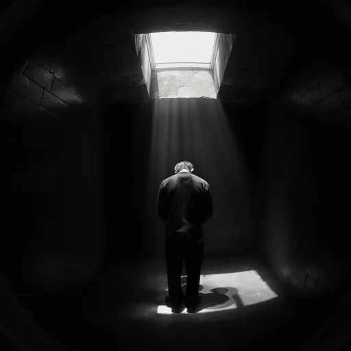 Prompt: Bonheoffer stands in a dark cell; his is under a skylight, bleached  by the bright light that light streams in on him; he faces away from the camera, his head bowed. Phot-realistic:: b&w:: high-contrast:: wide-angle lens:: a/r 16:9