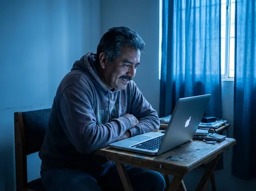 Prompt: genera a un hombre promedio mexicano, mirando su laptop con tonos azules