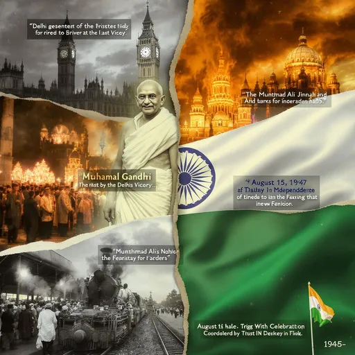Prompt: Create a cinematic 1-minute historical documentary about the Partition of India in 1947. Show black-and-white footage of London with Big Ben and the British Parliament, then cut to Delhi in 1947 with Lord Mountbatten arriving as the last Viceroy. Show Mahatma Gandhi in a simple white dhoti speaking peacefully, Muhammad Ali Jinnah in a suit demanding Pakistan, and Jawaharlal Nehru passionately calling for independence. Show the Mountbatten Plan being announced on the radio. Then show dramatic scenes of trains packed with refugees, families migrating, and borders being drawn. Finally, show the midnight celebrations on August 15, 1947, with Nehru giving his “Tryst with Destiny” speech and the Indian flag rising. Add emotional background music, smooth transitions, and subtitles for key quotes. Tone: dramatic, historical, emotio