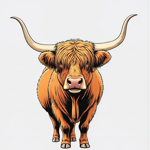 Prompt: This is a digital illustration of a Highland cow, depicted in a realistic yet slightly stylized manner. The cow is centrally positioned against a plain white background, drawing full attention to its distinctive features. The cow has a thick, shaggy coat of reddish-brown fur that covers most of its body, with darker shading to emphasize the texture and depth of the fur. Its most prominent feature is its large, curved horns that extend outward and upward from its head, adding a sense of grandeur and majesty. The horns are light beige at the base and darken towards the tips. The cow's face is slightly pinkish, LONG HAIR as if bangs covering the eyes, with a broad, flat nose and small, dark eyes that give it a gentle, smiling expression. Its ears are small and tucked back slightly, blending into the fur. The cow's legs are sturdy and short, with small hooves that are a darker brown than the rest of its coat. The overall style of the illustration is clean and precise, with smooth lines and a balanced use of color that highlights the natural beauty and unique characteristics of the Highland cow.