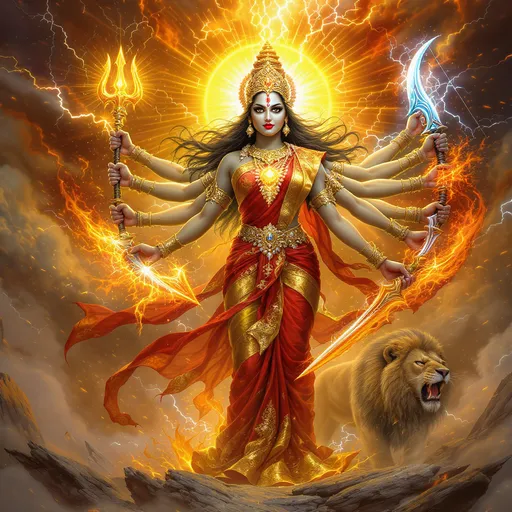 Prompt: A majestic goddess in her fierce warrior form, standing tall on a glowing battlefield, with ten powerful arms extended in all directions. In her hands she holds divine weapons — a radiant chakra spinning with golden light, a mighty trident glowing with fiery energy, a shining sword forged in celestial fire, and a grand bow made of pure light. Her other hands wield sacred weapons of power and protection. She wears a resplendent red and golden sari, adorned with shimmering jewelry, her crown glowing like the rising sun. Her eyes shine with courage and divine strength, as a lion roars beside her. Behind her, the sky is ablaze with lightning, flames, and divine radiance, symbolizing victory of good over evil.
