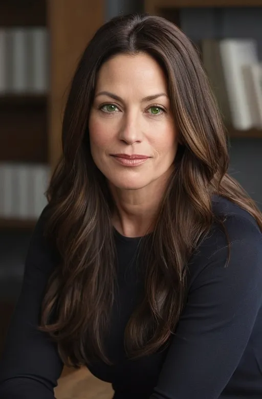 Prompt: Ultra-realistic, front-facing portrait of a 40-year-old woman with fair skin, dull green eyes, and an oval-shaped face. She has long, thick wavy dark brown hair parted to the side, falling over her shoulders. Her build is naturally proportioned and realistic — not overly thin, with slightly fuller cheeks and soft, healthy features. Her skin has a subtle dewy glow, with visible texture: pores, light freckles, faint wrinkles, and natural asymmetry. She wears light makeup: red lips soft mascara, and a natural, polished finish. Her expression is composed and serene, evoking elegance and quiet strength.
Captured on an 85mm f/1.4 lens, framed to show her head and shoulders. Soft, even studio lighting. Pure white seamless background. Rendered in 64k ultra-high-definition photorealism. zoom out so you can see her longer hair