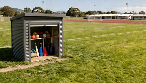 Prompt: A realistic New Zealand school setting in daytime, featuring the shed exactly as provided with no alterations. Place the shed on the edge of a school sports field or playground, with plenty of open space around it for a wide, clean hero-style layout. Bright natural light, well-kept grass, and subtle school elements in the background such as goalposts, courts, or distant buildings. Inside the open shed, neatly place school sports equipment. Ensure the equipment stays inside the shed and does not block or modify the shed structure. Maintain a tidy, inviting, lifelike atmosphere with visible environmental space. Hva the she dto the left of the image with more background to the right of the shed