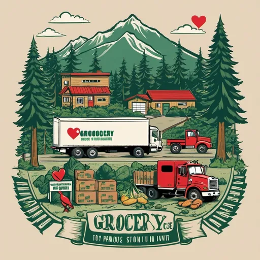 Prompt: design customized t-shirt artwork for employees: include Pacific Northwest environment, include a Warehouse building "952", include 1 shipping truck transporting to a building that says "grocery outlet" store, include symbolizes that include Community partnership, Food, Business, includes trees and hearts. please include the quotes names. big font, "vancouver"