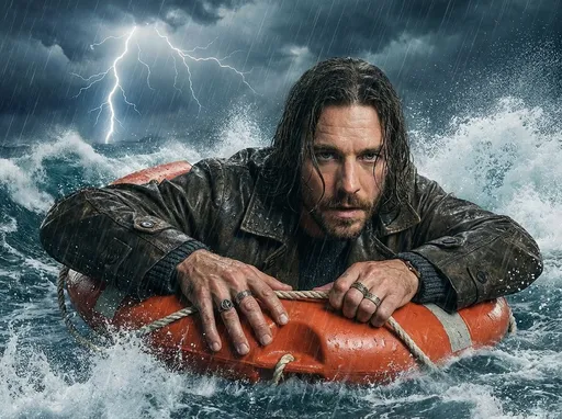 Prompt: A man in the water clinging to a life preserver in a violent sea storm. 