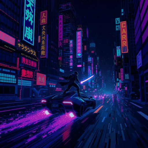 Prompt: A dynamic, high-speed chase scene. Nighttime. Set in a dense, futuristic corporate megacity. Perspective: Side-scrolling 2.5D. Art style: High-fidelity 16-bit pixel art, reminiscent of 'The Last Night' video game.
Composition: Emphasize strong parallax scrolling to convey depth and rapid motion.
Foreground: A sleek, low-profile hovercar moves rapidly from left to right, angled slightly upwards, with a lone protagonist pixel sprite standing precariously on its roof in a dynamic action pose. The protagonist wields a fluorescent laser katana, generating a luminescent pixel arc trail with subtle bloom effects as it cuts through the air.
Midground: Monumental corporate skyscrapers flank the hovercar, creating a narrow, enclosed 'canyon.' Their facades are covered in animated, high-contrast neon signage and dithering holographic advertisements. Use a synthetic color palette dominated by deep purples, electric blues, and vivid cyans, with strong accents of magenta and orange from the glowing signs.
Background: A swarm of hostile, angular security drones or rival vehicles in close pursuit. Their omnidirectional searchlights cast sharp, pixelated beams of light. Include volumetric light effects emanating from the hovercar's exhaust and any weapons fire.
Atmosphere: Intense, high-octane. Emphasize pixelated motion blur on fast-moving elements to enhance the sense of speed. The scene should evoke a feeling that is both claustrophobic and visually overwhelming, full of synthetic light and shadow."