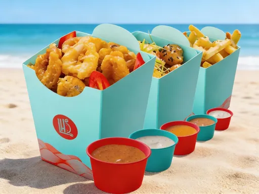 Prompt: Use the reference and continue the background image of the blue items. Add a beach behind the items.