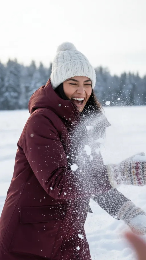 Prompt: A candid iPhone capture of a young woman mid-laugh, playfully throwing a snowball. She wears a thick burgundy parka, white wool hat, and knitted mittens. Snow explodes mid-air as she throws, with pine trees and frosty fields blurred in the background. Her face glows with joy, authentic iPhone framing.