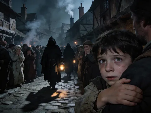 Prompt: medieval town during plague, hooded figures, fear in crowd,
dark moody lighting, film grain, documentary realism
