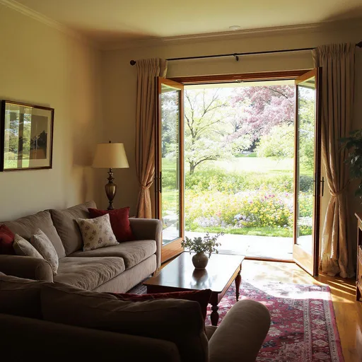 Prompt: a mid 20th century living room with sofa and coffee table. Its a bright spring morning. Theres a large open glass framed door and bright spring coutryside can be seen outside
