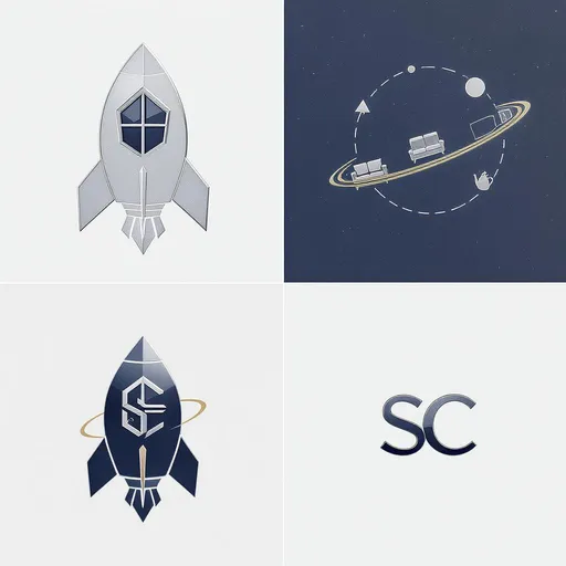 Prompt: Core elements:
	•	Clean, modern lines to appeal to Instagram aesthetics.
	•	Visuals blending home-related items (furniture, decor, appliances) with futuristic/space themes.
	•	Stylish typography with a subtle sci-fi flair — but still readable at small sizes.
	•	Balanced color palette (metallic silvers, deep blues, maybe accents of gold or white for contrast).

Possible concepts:
	1.	Rocket-shaped home — a rocket outline with windows shaped like furniture silhouettes.
	2.	Orbiting household items — minimalist planet ring, with icons like a lamp, sofa, and teapot orbiting.
	3.	Stylish monogram — “SC” in a sleek geometric font with a tiny spacecraft trail wrapping around.