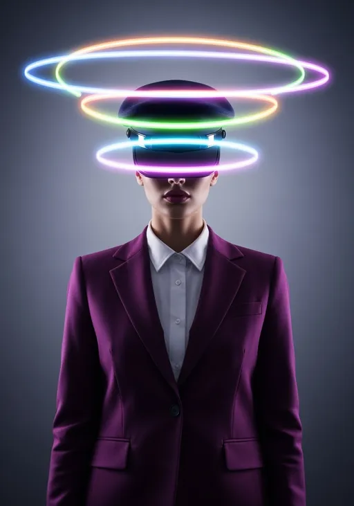 Prompt: “A powerful woman wearing suit and cap covering face, posed at the center, glowing aura around her head with shifting pastel tones of pink, green, baby blue, and purple. Elegant, commanding presence, sleek business style purple suit, soft yet strong lighting, ultra-detailed hyper-realistic photography.”