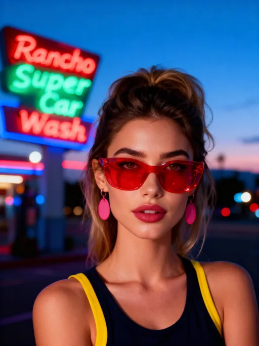 Prompt: Prompt ‘Car Wash’:

cinematic portrait of a dark blonde woman in the image posing at twilight in front of a glowing neon sign that reads “Rancho Super Car Wash,” retro 1980s roadside vibe, blue hour sky, vibrant neon colors in red, green, and blue, woman wearing bright red translucent sunglasses and pink earrings, dark blonde voluminous hair half-up, glossy lips, warm natural skin tones, dark sleeveless top with yellow straps, soft off-camera flash lighting mixed with ambient neon glow, shallow depth of field, bokeh neon lights in background, 50mm lens f/2, sharp focus on face, cinematic composition, warm and cool color contrast, high fashion editorial mood, nostalgic California atmosphere, vivid color grading, clean modern post-production, photorealistic style.