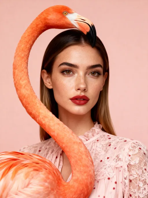 Prompt: A studio portrait featuring a young woman in the image and a vivid orange flamingo intertwined in a surreal and artistic composition. The flamingo’s long, curved neck elegantly arches around the woman’s head, framing her face in a circular motion, with the beak positioned above her forehead and facing forward. The woman has tanned skin, natural freckles, and straight dark blonde hair. Her expression is calm, neutral, and introspective — gazing softly toward the camera. She wears a light pastel pink blouse with tiny reddish speckles, blending harmoniously with the color palette of the bird and background. The flamingo’s bright orange and coral feathers contrast gently with the muted blush-pink background, creating a striking yet balanced visual harmony. Lighting evokes a clean, editorial, pastel aesthetic — balanced between realism and surreal minimalism. Captured with a high-end mirrorless or DSLR camera in a minimalist studio setup with pastel tonality. The mood feels editorial-artistic, inspired by high-fashion portraiture and surrealist minimalism. Make Delilah’s top Lacey and luxurious.