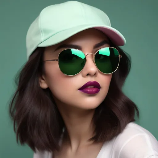 Prompt: Copy my photo exactly as it is, keeping my face, sunglasses, cap, dark red lipstick, and dark brown hair the same. Do not change my look. Replace the plain background with a soft gradient mix of my brand colors: green, pink, baby blue, and purple. Blend the colors smoothly so it looks professional, stylish, and eye-catching. Make sure the background enhances the photo but does not overpower it.