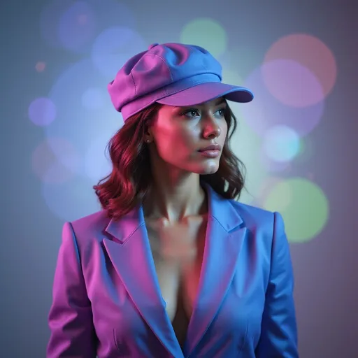 Prompt: “A powerful woman with fair complexion and quite soft facial feature, wearing suit and cap  covering the face please, cap’s colour matching the luxurious suit, posed at the center, glowing aura around her head with shifting pastel tones of pink, green, baby blue, and purple. Elegant, calm, wealthy, commanding presence, sleek business style luxurious and posh purple and blue suit, soft yet strong lighting, ultra-detailed hyper-realistic photography.”