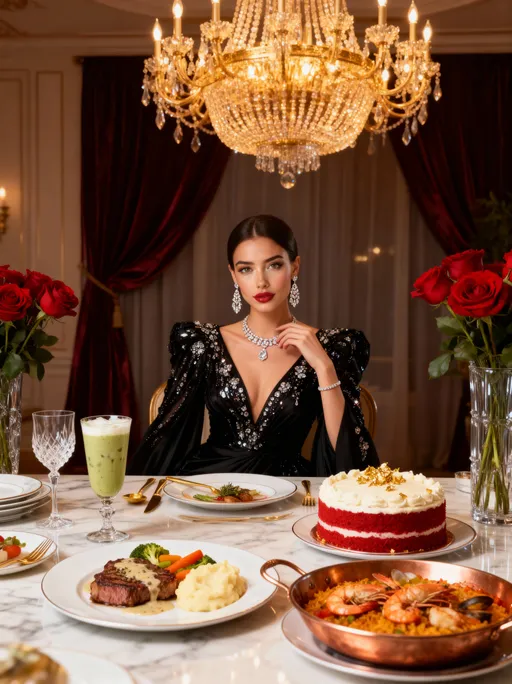 Prompt: A hyper-realistic cinematic scene of Delilah, seated elegantly at an opulent dining table set for royalty. She wears a stunning, floor-length couture black gown, intricately embellished with shimmering crystals and paired with dazzling diamond jewelry — chandelier earrings, a statement necklace, and a delicate bracelet. Her hair is styled sleek and refined, her makeup glowing yet sophisticated.

The dining table itself is lavish: polished marble surface, set with fine china, crystal glasses, and golden cutlery. In front of her is a perfectly plated medium-well steak drizzled with creamy peppercorn sauce, accompanied by silky mashed potatoes and vibrant seasonal vegetables arranged artfully. Beside it sits a tall glass of iced matcha latte in a crystal goblet, glowing a soft jade green against the richness of the table setting.

Other dishes are displayed luxuriously across the table: a decadent red velvet cake with smooth cream cheese frosting adorned with edible gold flakes, and a seafood paella presented in a polished copper pan, filled with saffron rice, mussels, prawns, and clams, glistening under the chandelier’s light.

The atmosphere is high-fashion and cinematic, with a grand chandelier casting a golden glow over the dining room, velvet drapes in the background, and fresh red roses in crystal vases surrounding the table. Delilah radiates elegance and power, as though hosting an exclusive, intimate feast reserved for the elite.

Mood & Aesthetic:
Luxurious, indulgent, refined — blending fine dining, couture fashion, and opulent living into one extraordinary frame.

Camera & Technical Details:
	•	Sony A7R V, 50mm f/1.2 G Master lens for creamy depth and cinematic detail
	•	Aperture: f/2.0 (sharp focus on Delilah and steak, soft bokeh background)
	•	Lighting: Golden chandelier light mixed with soft fill to enhance textures of food and sparkle of diamonds
	•	Composition: Delilah as the radiant centerpiece, table elements harmoniously framing her
