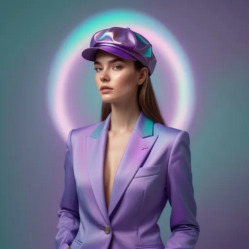 Prompt: Hyper-realistic portrait of a fair skin woman, centered, wearing a chic tailored blazer, her face covered by her cap, cap and luxurios tailored suit matching purple colour, colour of background is holographic light in pink, mint green, baby blue, and purple. Radiating confidence, high fashion magazine style, professional branding aesthetic, photorealistic, cinematic spotlight.