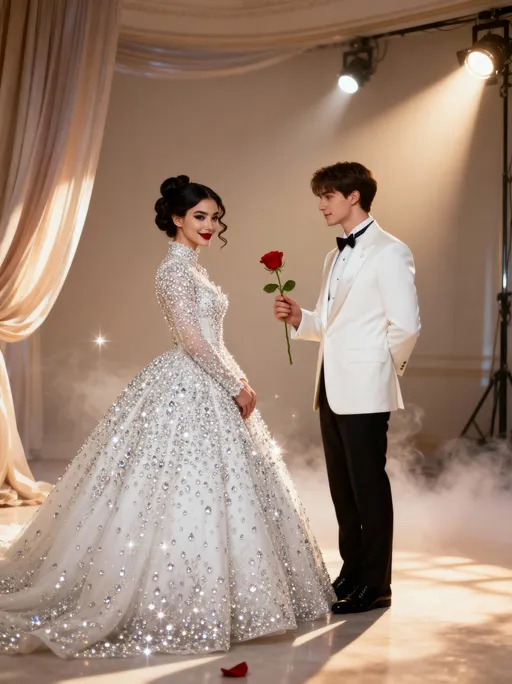 Prompt: 
⸻

Prompt:
A hyper-realistic cinematic fashion portrait of Delilah and a handsome man inside a dreamy, luxurious studio.
	•	Delilah (European-Asian model): Wearing an opulent, high-end couture White gown adorned with thousands of tiny shining diamonds that shimmer under the soft glow. The design channels Audrey Hepburn elegance, with a timeless silhouette. Her hair is styled in a sophisticated updo with subtle waves, paired with bold eyeliner and deep red lipstick, radiating grace and power.
	•	The Man: The young man stands slightly behind Delilah, wearing a perfectly tailored luxurious white tuxedo. In his hand, he holds a single red rose, arm extended as if offering it to Delilah. His expression is tender and passionate, eyes locked on her as if time has stopped.
	•	Mood & Atmosphere: The two share a moment of sweet, passionate connection, as Delilah looked at the camera with shy smile and young man looking at Delilah passionately. The dreamy luxurious studio is softly lit with cinematic lighting, subtle haze, and hints of sparkle that enhance the romantic aura.
	•	Background & Environment: A minimal yet luxurious backdrop with flowing drapes, warm spotlights, and soft shadows. Light sparkles reflect off the diamonds of Delilah’s gown, creating a magical, ethereal atmosphere.
	•	Camera & Technicals:
	•	Camera: Canon EOS R5 + RF 85mm f/1.2L lens
	•	Lighting: Three-point cinematic setup, with warm highlights and soft rim lighting to accentuate the rose and diamonds.
	•	Settings: f/1.4 for shallow depth of field (sharp focus on their faces, soft dreamy background), ISO 200, 1/200s shutter for crisp detail.
	•	Style: Ultra-high resolution, photorealistic, with visible textures of skin, fabric, and the rose petals.
