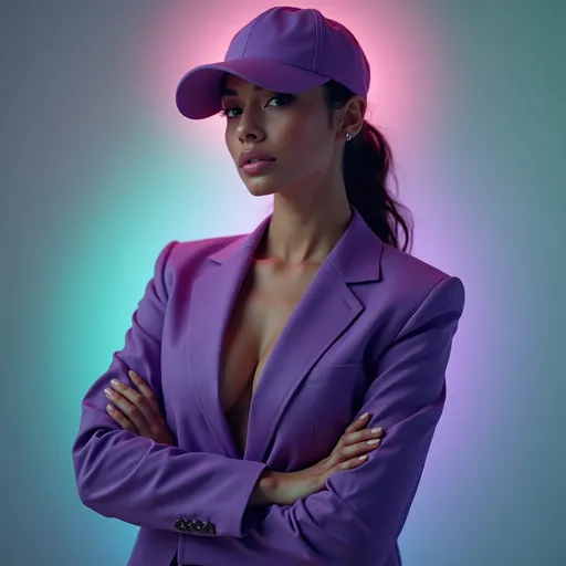 Prompt: “A powerful woman wearing suit and cap  covering face, cap’s colour matching the luxurious suit, posed at the center, glowing aura around her head with shifting pastel tones of pink, green, baby blue, and purple. Elegant, calm, wealthy, commanding presence, sleek business style luxurious and posh purple suit, soft yet strong lighting, ultra-detailed hyper-realistic photography.”