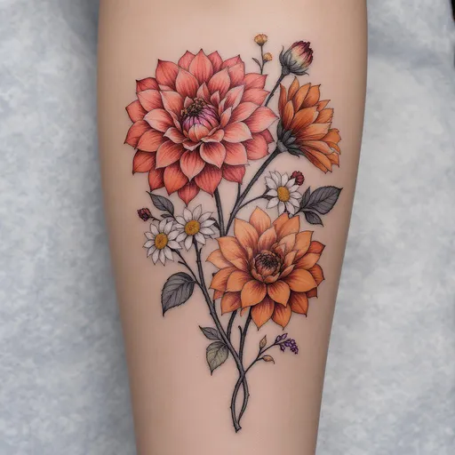 Prompt: Create elegant colorful 
female tattoo using dahlias edelweiss and vines