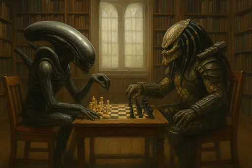 Prompt: Ein Alien und ein Predator spielen in einer Bibliothek Schach. 