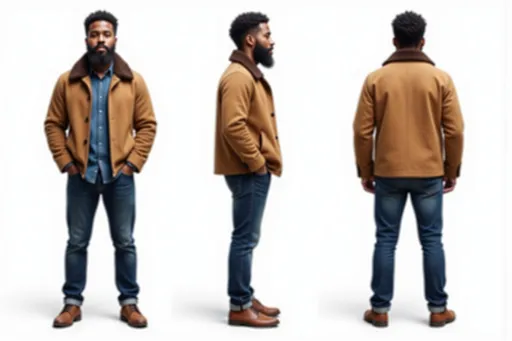 Prompt: A full-body character sheet of photorealistic bearded man 4c33cf40 with short curly hair, full beard, tan jacket with brown collar, blue shirt displayed in three clear views on a clean white background, arranged in a three-column grid pattern with equal spacing and importance. Left panel: front view showing complete anatomical details and outfit. Center panel: perfect 90-degree side view (profile) clearly showing the character's side silhouette, facial profile, and outfit from a direct lateral perspective. Right panel: back view revealing posterior details Each view maintains consistent scale, lighting, and full-body presentation from head to toe. All three perspectives must be equally detailed and given equal prominence in the composition.