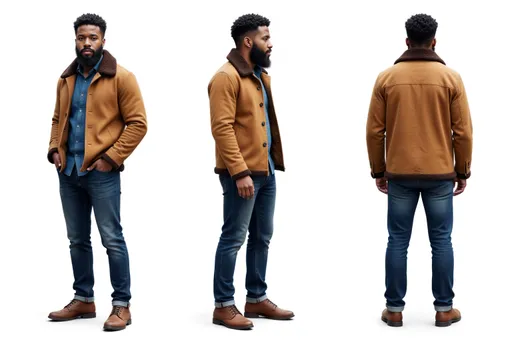 Prompt: A full-body character sheet of photorealistic bearded man 4c33cf40 with short curly hair, full beard, tan jacket with brown collar, blue shirt displayed in three clear views on a clean white background, arranged in a three-column grid pattern with equal spacing and importance. Left panel: front view showing complete anatomical details and outfit. Center panel: perfect 90-degree side view (profile) clearly showing the character's side silhouette, facial profile, and outfit from a direct lateral perspective. Right panel: back view revealing posterior details Each view maintains consistent scale, lighting, and full-body presentation from head to toe. All three perspectives must be equally detailed and given equal prominence in the composition.