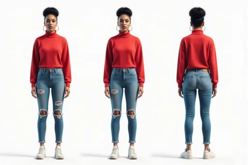 Prompt: A full-body character sheet of cinematic realism confident young woman b33e9a95 with short dark hair, large hoop earrings, red turtleneck, ripped jeans, white sneakers displayed in three clear views on a clean white background, arranged in a three-column grid pattern with equal spacing and importance. Left panel: front view showing complete anatomical details and outfit. Center panel: perfect 90-degree side view (profile) clearly showing the character's side silhouette, facial profile, and outfit from a direct lateral perspective. Right panel: back view revealing posterior details Each view maintains consistent scale, lighting, and full-body presentation from head to toe. All three perspectives must be equally detailed and given equal prominence in the composition.