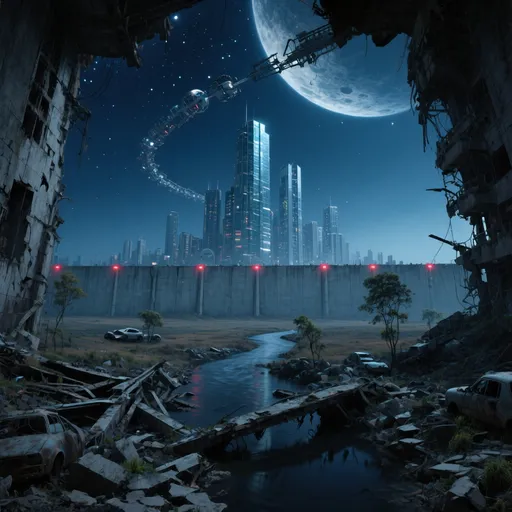 Prompt: (image taken from the streets of a ruined city, looking up through the ruined skyscrapers), 
Foreground: 
a dark river snakes its way through the landscape, collapsed bridges, cracked concrete, twisted steel beams, abandoned vehicles and rubble,
Midground: 
a walled off city in the distance, tall smooth concrete walls with faint red security lights, skyline of sleek glass and steel towers rising beyond the walls, clear night sky overhead, brilliant stars, the wasteland outside the walls dark and empty, cinematic atmosphere, distant and ominous, ultra detailed, subtle dystopian futurism, overgrown vegetation and small trees emerging from debris, 
Background and horizon: 
the clear night sky stretches above, starlit night. (A line of interconnected ruined structures high in space overhead, encircling the planet), (moon colony in the sky above)
Style:
moody and cinematic lighting, ultra-detailed, cinematic Blade Runner, super high resolution, extremely detailed, 
