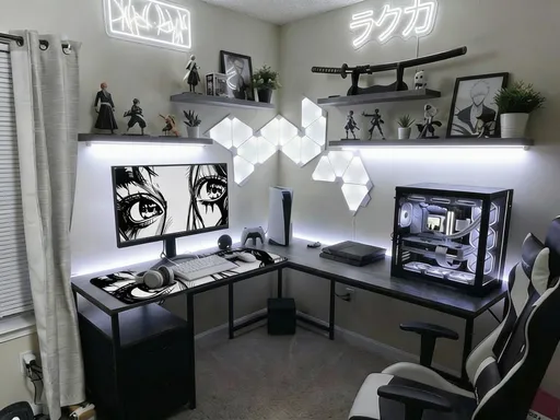 Prompt: Add white led lights under the floating shelves. Add the desk mat provided.