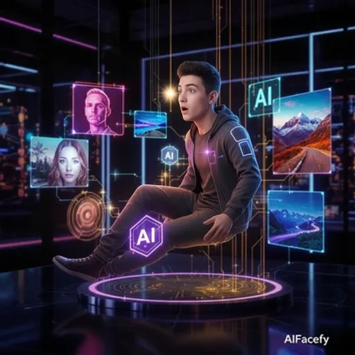 Prompt: Replace the banana with a 25 years old boy floating and amazed looking at the projections and the camera should be beside him while he is looking at the projections 