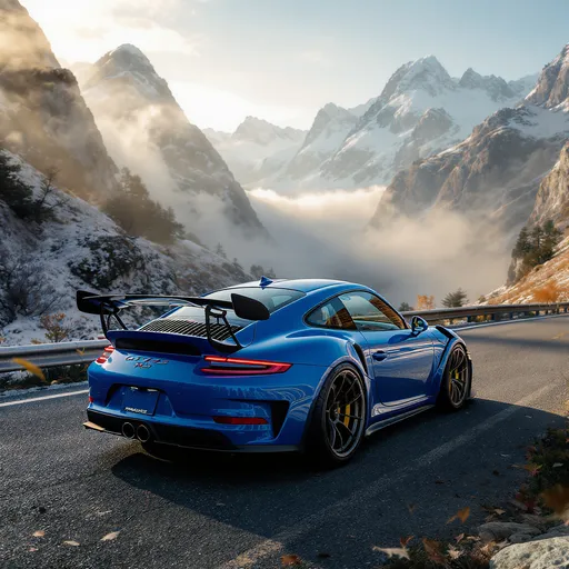 Prompt: Blauer Porsche gt3rs mit Spoiler im Hintergrund steht er in den bergen
Er muss real aussehen