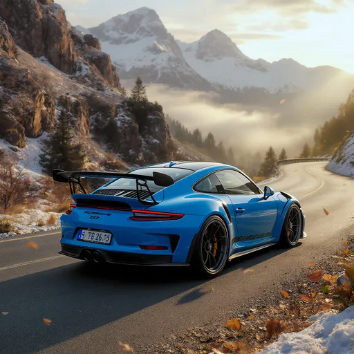 Prompt: Blauer Porsche gt3rs mit Spoiler im Hintergrund steht er in den bergen
Er muss real aussehen