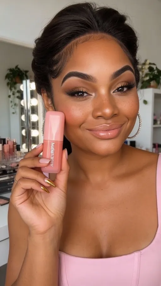Prompt: A front-facing phone video filmed in a bright, modern vanity room during daytime. A brunette woman with softly styled, voluminous hair and natural glam makeup looks directly into the camera, holding a pink cream blush stick gently against her cheekbone. Her skin looks fresh and glowy with visible freckles, soft blush already diffused on the cheeks, glossy lips, and lightly defined brows. She’s wearing a fitted pastel pink top that matches the product tone. The background shows a real vanity setup with a lit mirror, scattered makeup products, and subtle greenery, slightly out of focus for depth. Lighting is soft and flattering, likely natural window light mixed with vanity bulbs, no harsh shadows. The camera is steady, eye-level, intimate and close, framed from chest up. She makes a small, confident smile and a micro head tilt while lifting the product into frame, pausing so the label is readable. Movement is minimal and natural — a slight hand adjustment, a blink, relaxed breathing. The overall vibe is polished but casual, high-end UGC, indistinguishable from a real influencer beauty ad.