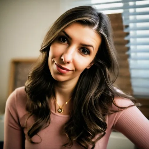 Prompt: This photograph features a close-up portrait of a young woman with fair skin and long, wavy, black hair that cascades over her shoulders. She has brown eyes, well-groomed eyebrows, and is wearing subtle makeup, including light pink lipstick and a touch of blush. She is smiling gently at the camera, exuding a warm and approachable demeanor. She is dressed in a pink, long-sleeved, ribbed knit top with a round neckline. A small, delicate gold necklace with a tiny pendant is visible around her neck. The background is slightly out of focus but reveals a bright, sunlit room with white blinds partially covering a window, allowing soft light to filter through. The wall behind her is a neutral beige color. The overall composition of the photograph is casual and intimate, capturing a natural and relaxed moment. The lighting is soft and even, highlighting the subject's facial features and the texture of her hair and top. The photograph emphasizes a sense of calm and simplicity.
