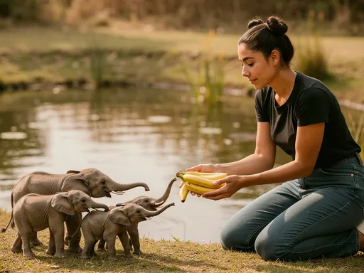 Prompt: A young woman is kneeling down to feed some animals bananas at a pond. The animals are little elephants the size of mid-sized dogs. They are curious and interested in the bananas. 