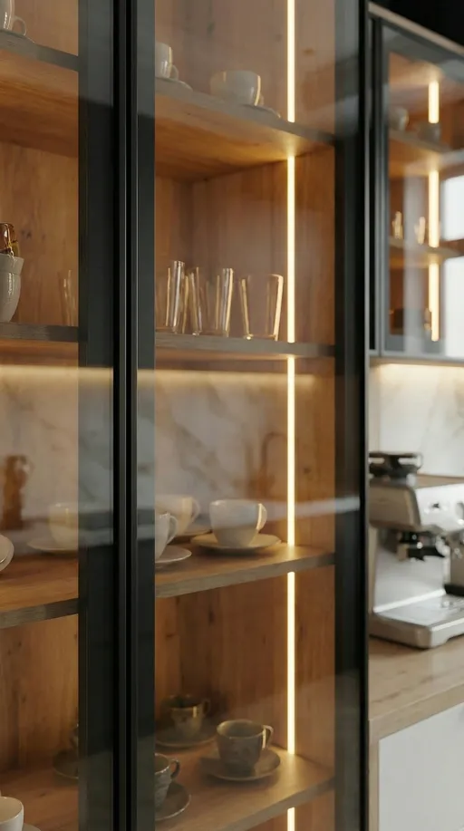 Prompt: Ultra-realistic close-up glass cabinet door photography.

The kitchen environment, cabinet structure, colors, materials, layout, lighting, proportions and all furniture details remain exactly identical to the reference image, with zero changes under any condition.

Camera is positioned extremely close to the glass cabinet door, filling the frame with the glass surface and its profile.

Focus is strictly on the glass door.

The cabinet door features reflective, semi-transparent architectural glass with a dark slim metal profile frame.
The glass clearly shows:
– subtle reflections of the surrounding kitchen
– realistic light bounce
– depth behind the glass
– clean, sharp edges

Glass surface is perfectly smooth, premium-quality, reflective but not mirror-like.
No fingerprints, no dirt, no haze.

Profile details are sharp and precise:
– thin metal frame
– matte or satin black finish
– straight, clean geometry

Shallow depth of field:
– glass surface and profile are ultra-sharp
– background elements softly blurred without distortion

Lighting is soft and controlled, revealing reflections naturally without glare or overexposure.
True-to-life tones, neutral color balance, realistic shadows.

Professional interior product photography, macro-level realism, ultra-detailed textures, optical accuracy, 8K realism.

❌ NEGATIVE PROMPT (KİLİT)

no people
no hands
no design change
no cabinet modification
no color change
no glass replacement
no frosted glass
no plastic look
no scratches
no fingerprints
no dust
no heavy glare
no distortion
no wide angle
no CGI
no stylized lighting
no artificial reflections
no blur on glass