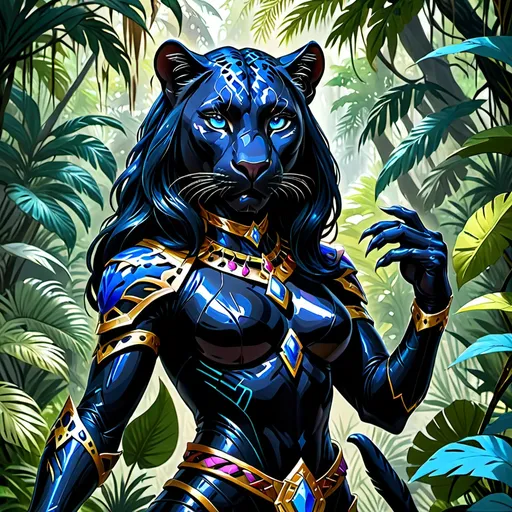 Prompt: female humanoid panther with blue eyes in a jungle