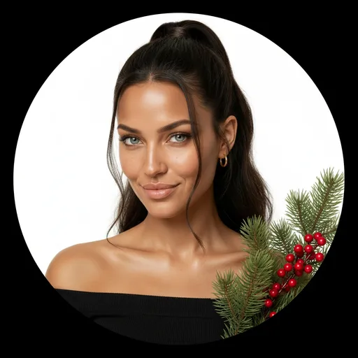 Prompt: Circular portrait, woman with high glossy ponytail, black off-shoulder outfit, slight smirk. White background in the circle, black surrounding. Real pine branch with red berries placed on the right inside the circle, subtle and elegant.