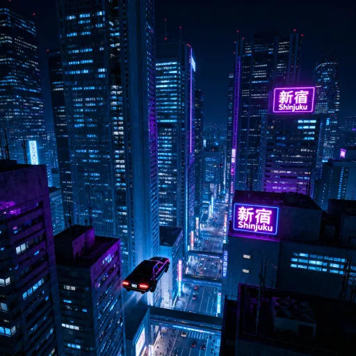 Prompt: Dystopian cityscape at night, flying cars, towering skyscrapers, neon signs in Japanese and English, ultra-detailed