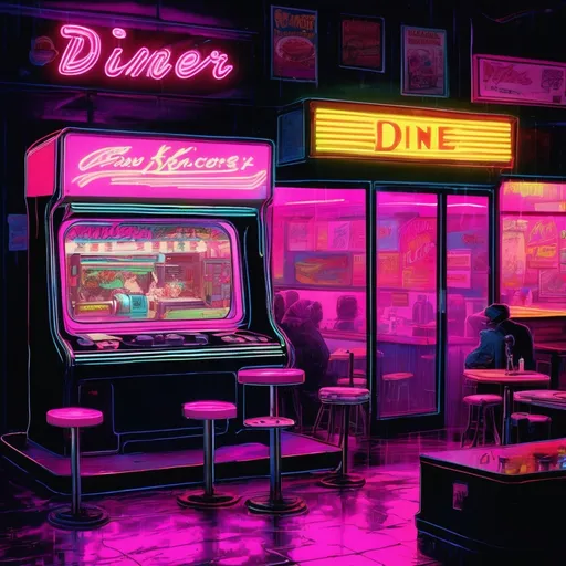 Prompt: A neon-lit diner at 3 AM, rain streaking the windows. At the counter sits a humanoid AI with the body of a vintage arcade machine—glowing CRT screen for a chest, retro keyboard fingers, and eyes like shifting liquid mercury. Their silhouette flickers between solid and static, as if caught between dimensions. The diner’s jukebox glows pink, casting reflections on their chrome-plated limbs. Around them, holographic coffee steam swirls into constellations. Cyberpunk meets retro-futurism, cinematic lighting, ultra-detailed, Unreal Engine 5, inspired by Syn Studio and Android Jones.