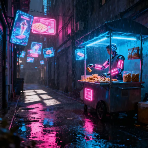 Prompt: Neon-lit alleyway with holographic billboards, cybernetic street vendor, rain-soaked pavement, cinematic lighting, 4K