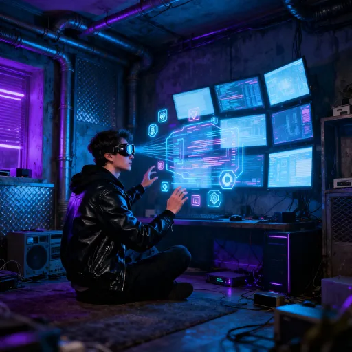 Prompt: Cyberpunk hacker in a high-tech apartment, glowing screens, augmented reality interface, moody atmosphere, detailed