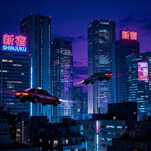 Prompt: Dystopian cityscape at night, flying cars, towering skyscrapers, neon signs in Japanese and English, ultra-detailed