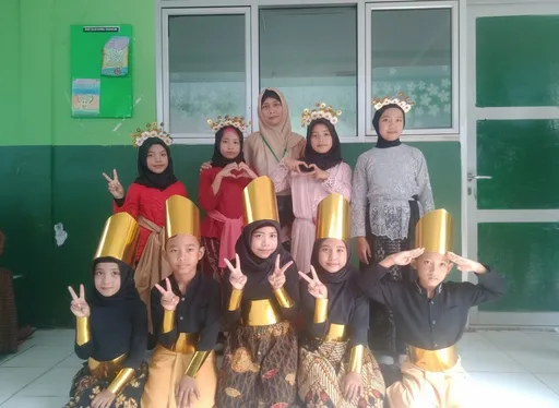 Prompt: This is a photograph of a group of nine people, consisting of seven children and two adults, standing in front of a green and white wall with a window and a green bulletin board. The children are wearing traditional attire that includes black long-sleeve shirts, patterned pants, and tall, golden cylindrical hats. They are all making peace signs with their right hands, and one child on the far right is saluting with their right hand. The two adults are standing in the back row, one in a pink dress with a white patterned shawl and the other in a gray dress with a black patterned shawl. Both adults are also wearing golden cylindrical hats. The children's pants feature intricate patterns in shades of brown and black. The background includes a green bulletin board with a few papers and a white door to the right. The floor is white tile, and the lighting is bright, casting soft shadows. The overall mood of the photograph is cheerful and celebratory, with the group's coordinated attire and gestures suggesting a cultural or traditional event.