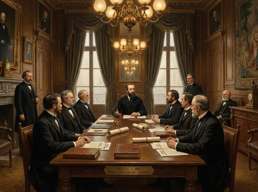 Prompt: 1892, Brussels - Alfred de Rothschild, a sharply dressed private banker with a neatly trimmed beard, sits at the head of a long wooden conference table inside a grand diplomatic hall. He is the official British representative at the International Monetary Conference. Around him are other delegates in formal 19th century attire. Documents and papers related to the gold and silver standard are spread across the table. The room has high ceilings, tall windows with heavy curtains, and warm lamplight. The scene emphasizes the unusual power of a private banker speaking for the British Empire on global monetary policy. atmospheric, rich historical detail. Painterly style

