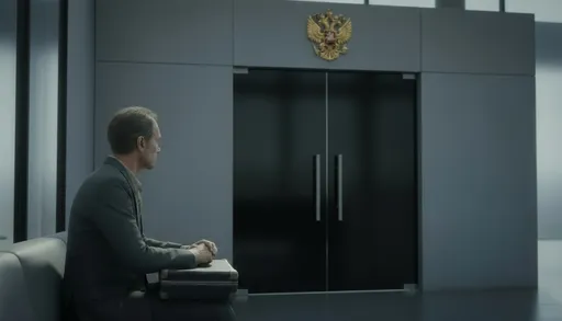 Prompt: пусть вместо стеклянного окна слева на фото будет предложение серой стены идущей от дверей. не меняй личность мужчины на фото