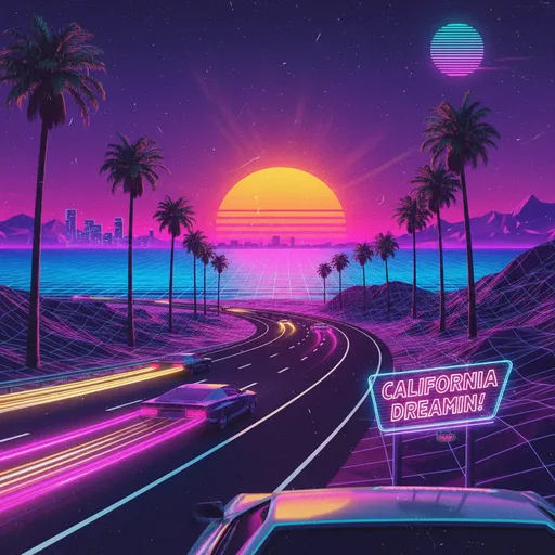 Prompt: A sunset california, outrun vibes
