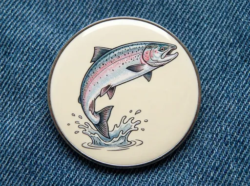 Prompt: A white circular badge bearing the image of a leaping salmon fish